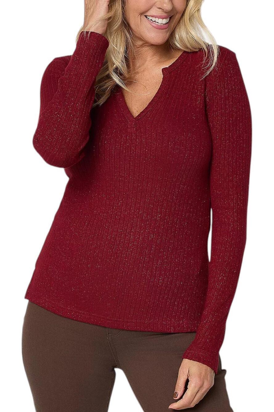 NYDJ Women's Split V-Neck Lurex Long Sleeve Sweater Spiced Apple - Regular
